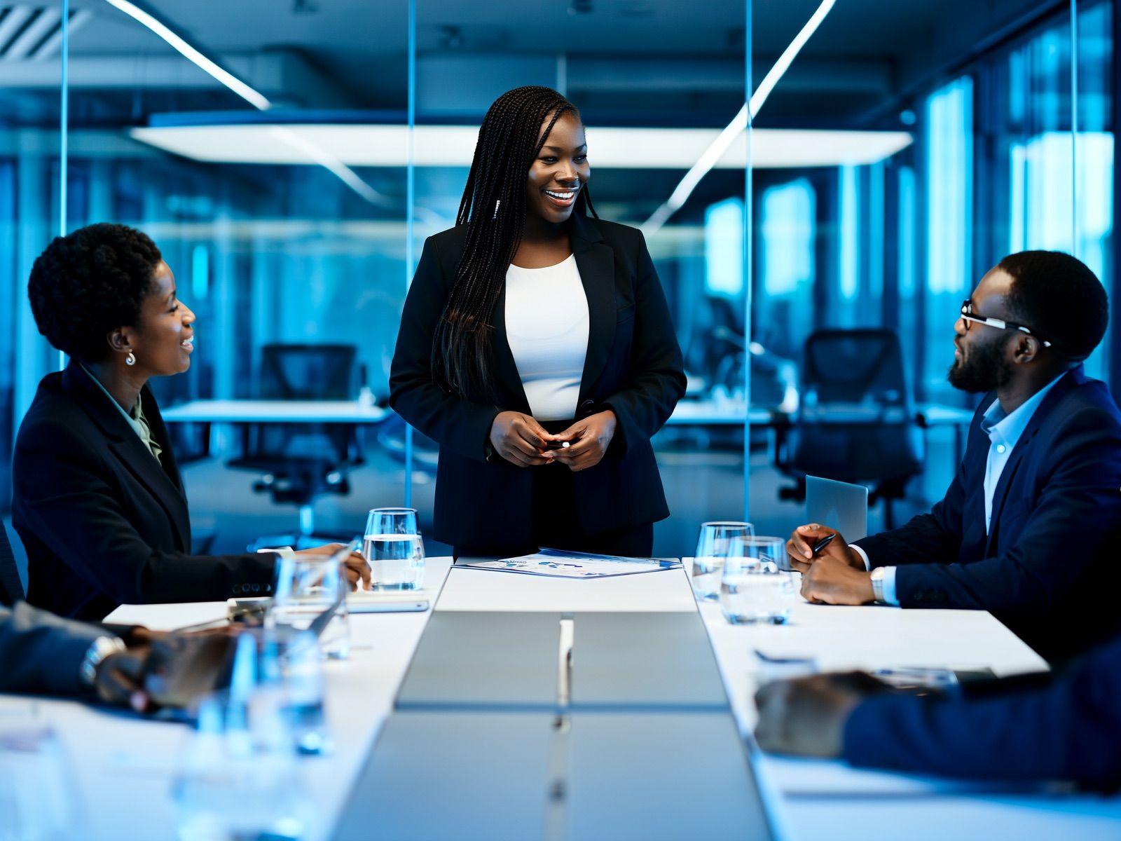 A businesswoman presenting to colleagues in a boardroom